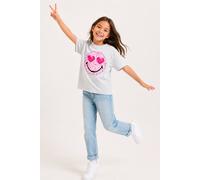 Brand Threads Girl's Smiley Iconic Face Print Tee in Grey | Size: 5-6 Years Brand Threads Grey 5-6 Years