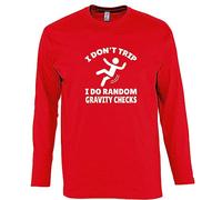 Brand88 I Don't Trip I Do Random Gravity Checks, Funny Humor Sarcasm Gifts Adults Long Sleeve Printed T-Shirt, Comfy Cotton Unisex Tee, Red, X-Large