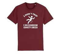 Brand88 I Don't Trip I Do Random Gravity Checks, Funny Humor Sarcasm Gifts Adults Printed T-Shirt -Round Neck Regular Fit Cotton Unisex Teeshirt, Burgundy, X-Large