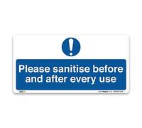branded | Please sanitise before and after every use Sign, Self-adhesive Vinyl Sticker, Mandatory Virus Protection Safety, Factories, Plants and warehouses guidelines, 200mm x 100mm