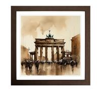 Brandenburg Gate Ink Wash Framed Print | 18x18 Inch Walnut Framed Wall Art | Ready to Hang | Modern Nature Picture | Living Room Bedroom Lounge Office