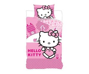 BrandMac Hello Kitty Pink Reversible Bed Linen Set, Pillowcase 80 x 80 cm with Reversible Motif, Duvet Cover 135 x 200 cm, with Zip, 100% Cotton/Renforcé Oeko-Tex Standard 100