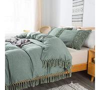 Brandream Boho Queen Size Sage Green 3Pcs Duvet Cover Set (1 Duvet Cover + 2 Pillowcases) 100% Washed Cotton Tassels Style Fringe Aesthetic Bedding Set Soft Breathable Quilt Cover Set