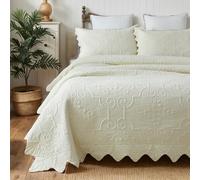 Brandream Cream Yellow Quilt Set Queen Size Cotton Vintage Matelasse Coverlet Set Scalloped Edge Quilt Set 3 Piece