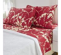 Brandream Floral Sheet Set Japanese Oriental Style Cherry Flower Red Blossom Branches Print Chinoiserie Bedding Pillowcases Set 800TC Egyptian Cotton Sateen Botanical Tree, 4 Piece-Queen Size