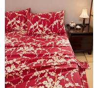 Brandream Floral Sheet Set King Size Japanese Oriental Style Cherry Red Blossom Flower Branches Print Chinoiserie Bedding Pillowcases Set 800TC Egyptian Cotton Sateen Botanical Tree Deep Pocket, 4 Pcs