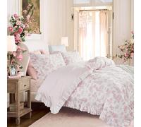 Brandream French Country Toile Duvet Quilt Cover King Size 100% Cotton Bedding Set Toile Tapestry Pattern Garden Floral Printed Blossom Tree Branches Delicate Ruffle Fringe Design