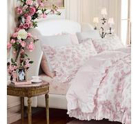 Brandream French Country Toile Queen Duvet Cover Set for Girl Women Bedroom Vintage Pink Toile Floral Print 100% Cotton Duvet Quilt Comforter Cover Pillow Shams Set with Delicate Ruffle Fringe