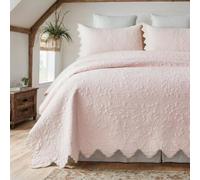 Brandream King Size Quilt Set Cotton Light Pink Quilts Farmhouse Bedding Set Matelasse Coverlet Set Scalloped Edge Quilts 3-Piece