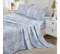 Brandream King Size Sheet Set Luxury Floral Boho Medallion Blue Paisley Bedding Collections 800 Thread Count 100% Egyptian Cotton Deep Pocket, 4 Piece