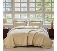 Brandream Luxury Cotton Quilt Set King Size Handcrafted Floral Vine Stitching Beige Ruffled Edge Bedspread Heirloom Quilt Bedding Set 3-Piece