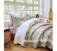 Brandream Patchwork Quilts King Size Cotton Vintage Green Cottage Floral Quilted Comforter Set American Country Rustic Summer Coverlet Set 3-Piece