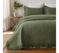 Brandream Quilt Set Full Size Cotton Matelasse Bedding Floral and Vine Stitching Lightweight Summer Ruffled Quilt Set 3-Piece Olive Green