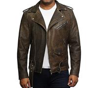 BRANDSLOCK Mens Genuine Leather Biker Jacket Cowhide Brando… (S, Brown)