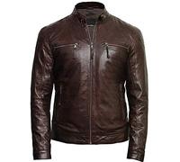 BRANDSLOCK Mens Genuine Leather Biker Jacket Vintage Crinkle Retro (S, Brown)