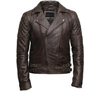 BRANDSLOCK Mens Leather Biker Jacket Cross Zip Brando Retro Casual Vintage Washed Brown Leather Jacket