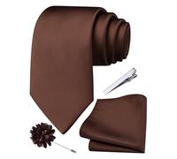Branduce 3.15"（8cm） Mens Tie and Lapel Pin Solid Necktie Handkerchief Tie Clip Set for Men, Brown, general
