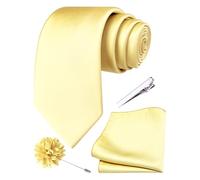 Branduce 3.15"（8cm） Mens Tie and Lapel Pin Solid Necktie Handkerchief Tie Clip Set for Men, Light Yellow, general