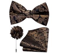Branduce Paisley Pre-tied Bow Tie and Pocket Square Lapel Pin Set for Men, Brown Black, general