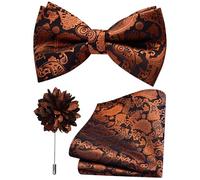 Branduce Paisley Pre-tied Bow Tie and Pocket Square Lapel Pin Set for Men, Burnt Orange, general