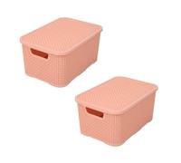 BranQ Home essential Basket with Lid in Rattan Design, Set of 2, Size M, 10 L, BPA-Free Plastic PP, Salmon Pink, 28.8 x 19.7 x 16.2 cm, Pack of 2