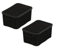 BranQ - Home essential Basket with Lid in Rattan Design, Set of 2, Size S 7 L, BPA-Free Plastic PP, Black, 28.5 x 19.5 x 12.9 cm, Pack of 2