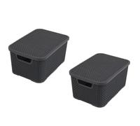 BranQ Home Essential Lid Basket in Rattan Design, Set of 2, Size M 10 L, Polypropylene Plastic, Anthracite, 10 L