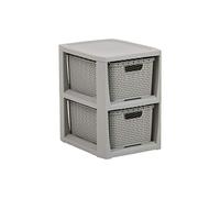 BranQ Home essential, Rattan Design BPA Free Plastic 2 Drawer Storage Unit, Ideal for Home Office, Bedroom and Bathroom Storage, 29.5 x 24 x 32.8 cm (LxWxH) - Light Grey