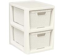 BranQ - Home essential, Rattan Design BPA Free Plastic 2 Drawer Storage Unit, Ideal for Home Office, Bedroom and Bathroom Storage, 29.5 x 24 x 32.8 cm (LxWxH) - Cream