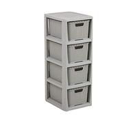 BranQ - Home essential, Rattan Design BPA Free Plastic 4 Drawer Storage Unit, Ideal for Home Office, Bedroom and Bathroom Storage, 29.5 x 24 x 64.2 cm (LxWxH) - Light Grey