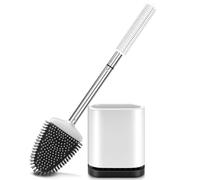 Braoses Flat Toilet Brush with Holder, Stainless Steel Silicone Stool Holder Set with Wall Mount for Bathroom Guest Toilet (White)