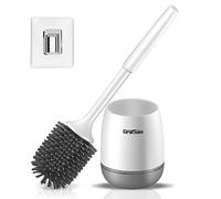 Braoses Toilet brush with holder, wall mounting and standing silicone toilet brush set, long handle toilet brush and quick drying holder set for bathroom or guest toilet (white and grey)