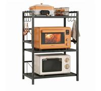 Braozaiw 3-Tier Expandable Microwave Oven Rack, Adjustable Carbon Steel Kitchen Shelf, Length 40-60cm, Height Adjustable with 6 Hooks for Kitchen Organisation