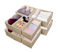 Braozaiw Drawer Organisers, Storage Dividers Set, Foldable Fabric Organisers for Clothes, Underwear, Socks, Clothes Organiser (Beige 12 psc/mix)