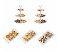 Braozaiw Set of 5 Tiered Cake Stands in PP Material, Includes 2x Round 3 Tier Cake Stands & 3x Square Appetizer Plates, Modern Cupcake Stand and Afternoon Tea Stands for Party Display