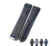 BRART 20mm 22mm Leather Cowhide Rubber Watchbands Fit For Omega Seamaster Planet Ocean 600 GMT Orange Watch Strap(Dark blue white,20mmRose buckle)