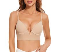Bras for Women Push Up Seamless Support French Deep V Low Cut Large Open Back U Shaped Back Underwear Small Chest Gathered Sagging Sexy Bra Without Steel Ring Wire Bras for Women (Beige, 34)