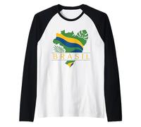 Brasil Brazil Flag Map Tropical Leaves South America Raglan Baseball Tee