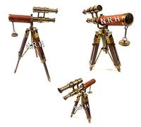 Brass 9" Double Barrel Leather Telescope Nautical Marine Spyglass with Wooden Tripod Stand