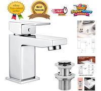 Hapilife Basin Taps Square with Pop up Waste Bathroom Sink Mixer Taps with UK Standard Hoses, Single Lever Hot and Cold Basin Mixer Tap for Bathrooms