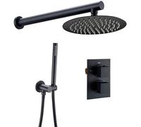 Brass Bathroom Shower Set Rain Shower Faucet Matte Black Thermostatic Valve Shower System Wall Mounted 8-12 Inch Shower Head, 8 Inch Round Valve