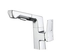 Brass Bathroom Sink Faucet with Pull-Out Spray, Single Hole Mixer Tap for Hot and Cold Water, Modern Chrome Basin Tap for Easy Use and Cleaning