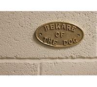 Brass Beware of The Dog Wall Mounted Outdoor Garden Garage Plaque - House Sign (Polished Brass)