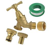 Brass Bib Tap Kit 1/2 Inch BSP Inlet with 3/4 BSP Adapter Quick Connect Outlet and Hose Barb Fitting PTFE Tape Included Outdoor Garden Tap for Lawn Watering Irrigation Greenhouse Allotment