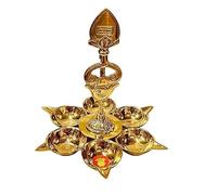 Brass Big Size Golden Finish Arumuga vilakku OM SARAVANA BHAVA DEEPAM Set for Murugan Pure Brass 6 Diya Set with vel Plate 6 Agal /vel maaral Pooja/ sashti Pooja deepam 6 Muga Vilakku