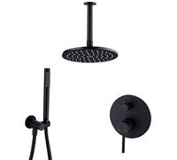 Brass Black Ceiling Mounted Diverter Mixer Bathroom Shower Set with 8-12 Inch Brass Round Rainfall Shower Head and Handheld Shower, Luxury Shower Set,12 Inch,8 inch