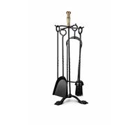 Brass & Black Fireplace Companion Set, 5 Piece Fireside Tool Set with Stand, Poker, Tongs, Brush & Shovel, Heavy Duty Steel