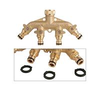 [Brass Body with Brass Shut Off] Tech Traders 4-Way Brass Faucet Manifold Garden Hose Connector with Individual Brass Shut-Off Valve, 3/4" Tap & Outlets with Quick Connector Solid Brass Material