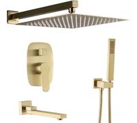 Brass Brushed Gold 10-12 Wall Mount Rainfall Faucet System Mixer with Handheld and Tub Taps, Luxury Shower Set,12 inch