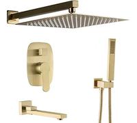 Brass Brushed Gold 10-12 Wall Mount Rainfall Faucet System Mixer with Handheld and Tub Taps, Luxury Shower Set,12 inch